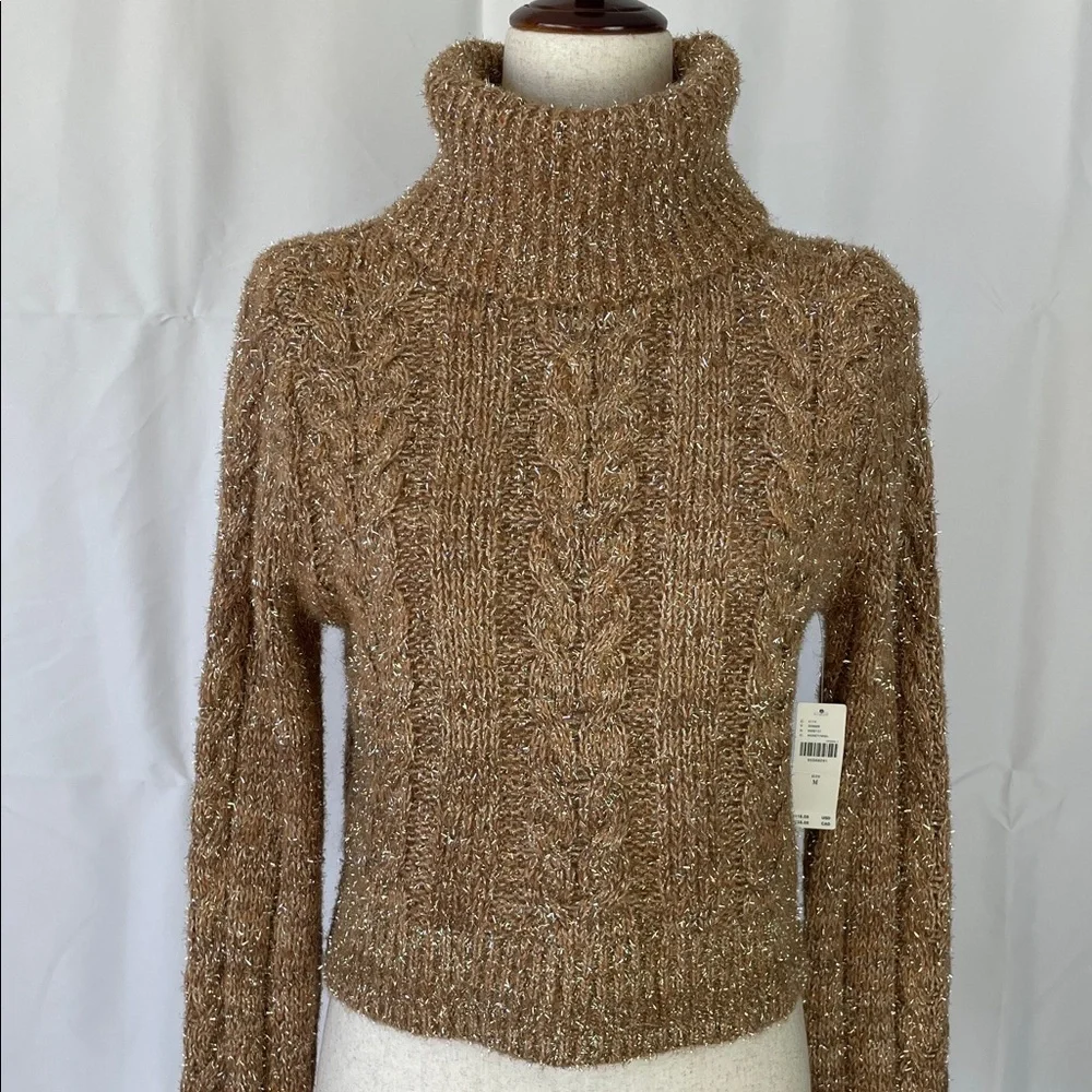 NWT Anthropologie Tan & Silver Tinsel Festive Cowl Neck Cropped Sweater - Medium - Picture 2 of 14